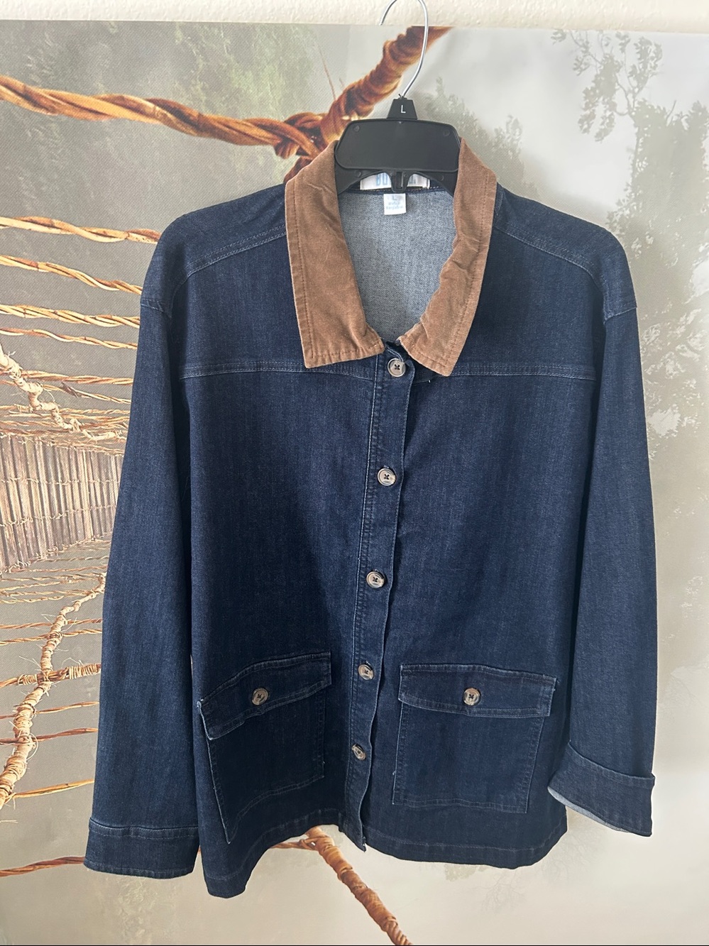 Dark Blue Denim Jacket with Tan Corduroy Collar